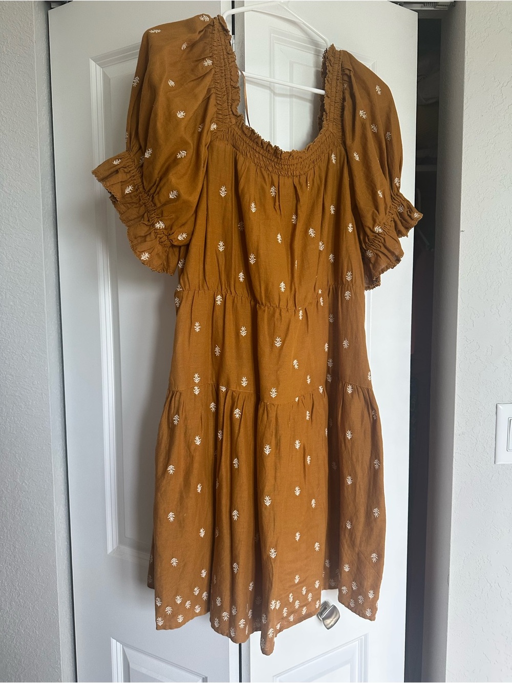Old Navy Mustard Brown Mini Dress with White Embroidery